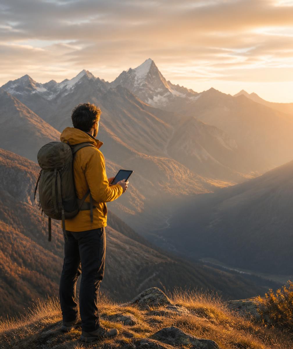 Traveler on a mountain ridge at golden hour reviewing their trip plan on a tablet